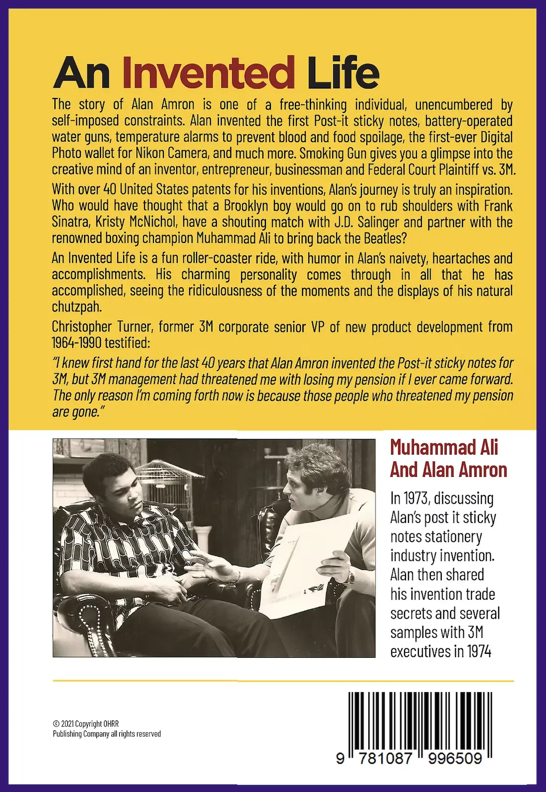 Back cover of An Invented Life: The Smoking Gun, with a photo of Muhammad Ali and Alan Amron