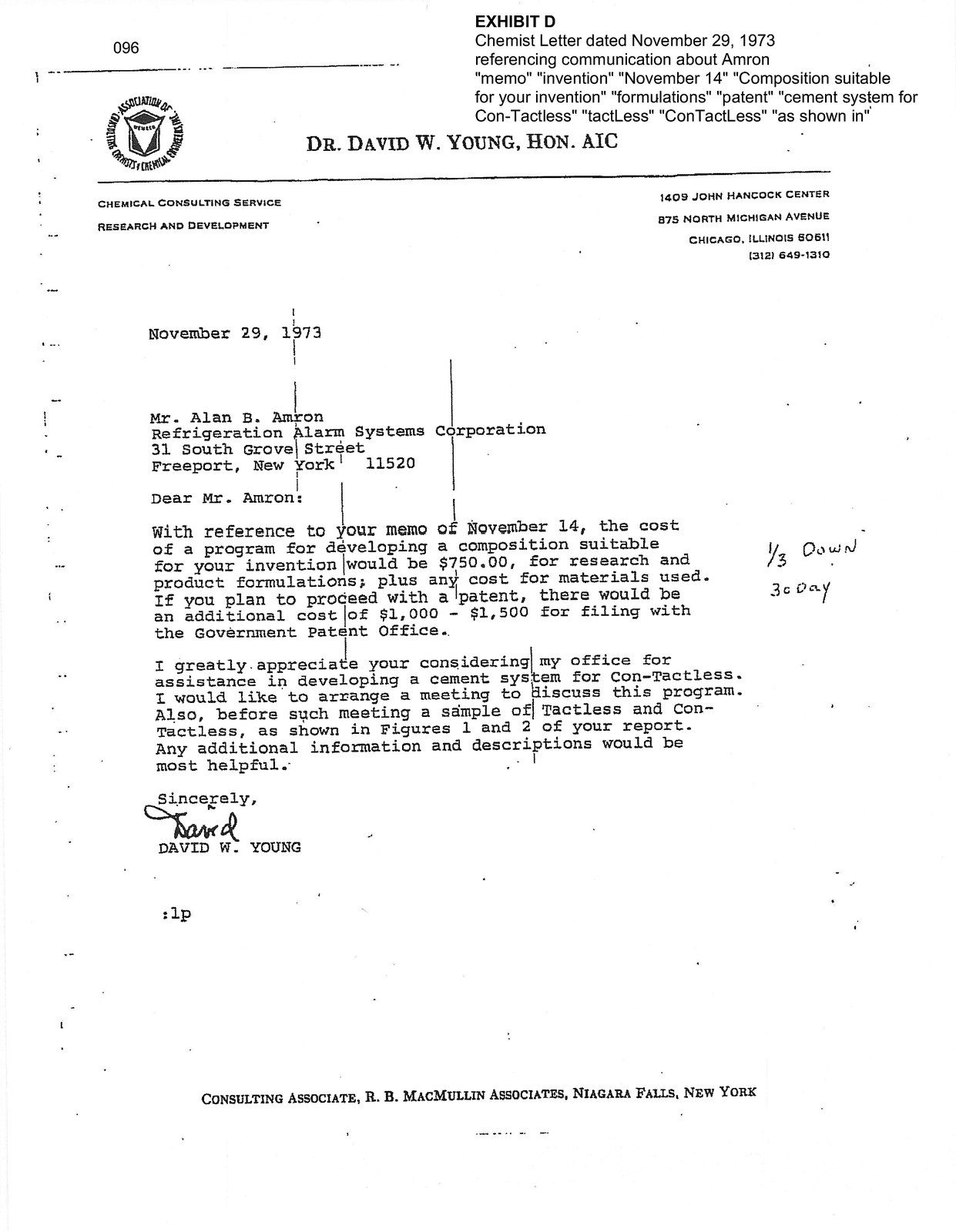 Letter from Dr. David W. Young to Alan Amron, November 29, 1973