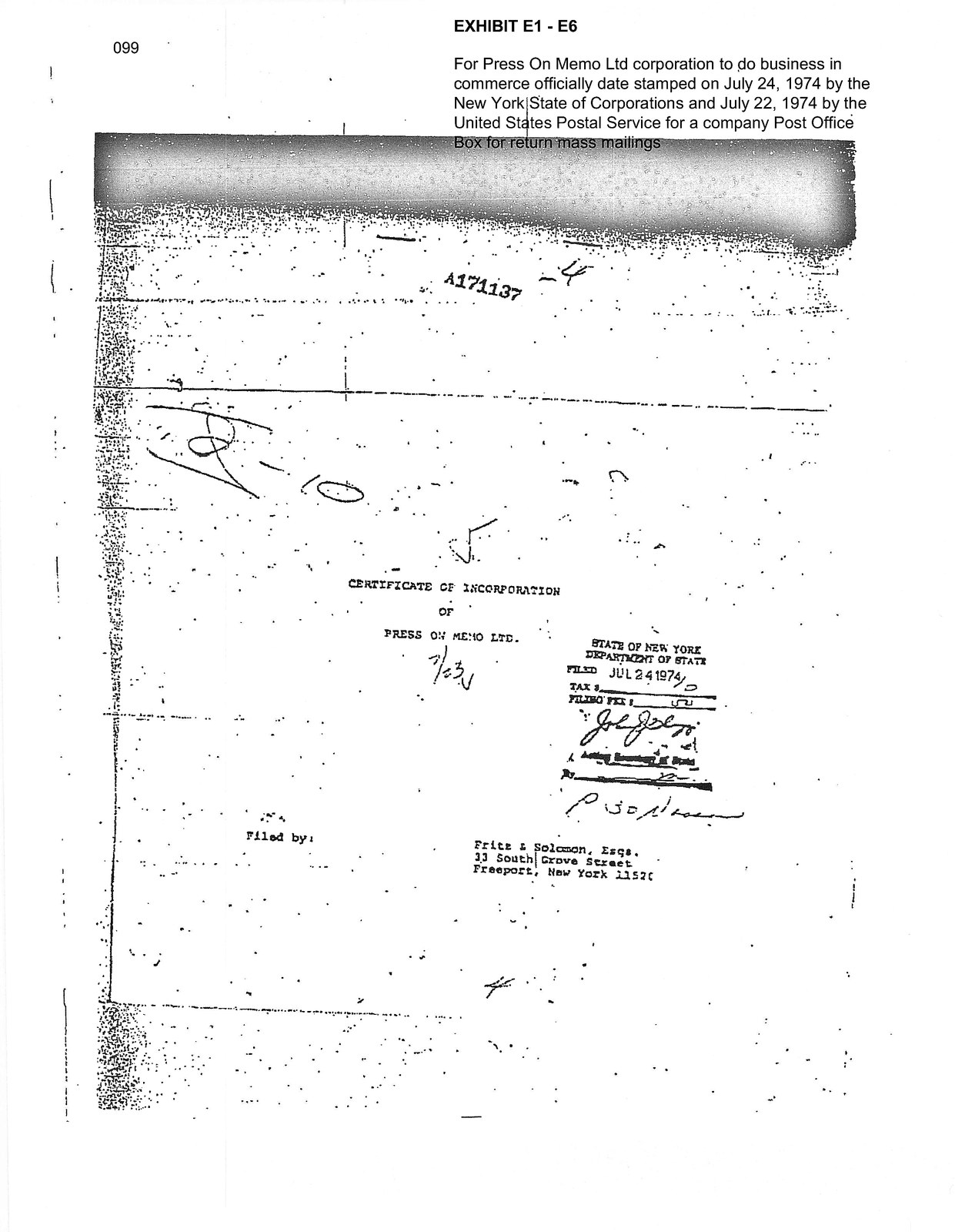 New York Certificate of Incorporation, Press On Memo Ltd., July 24, 1974