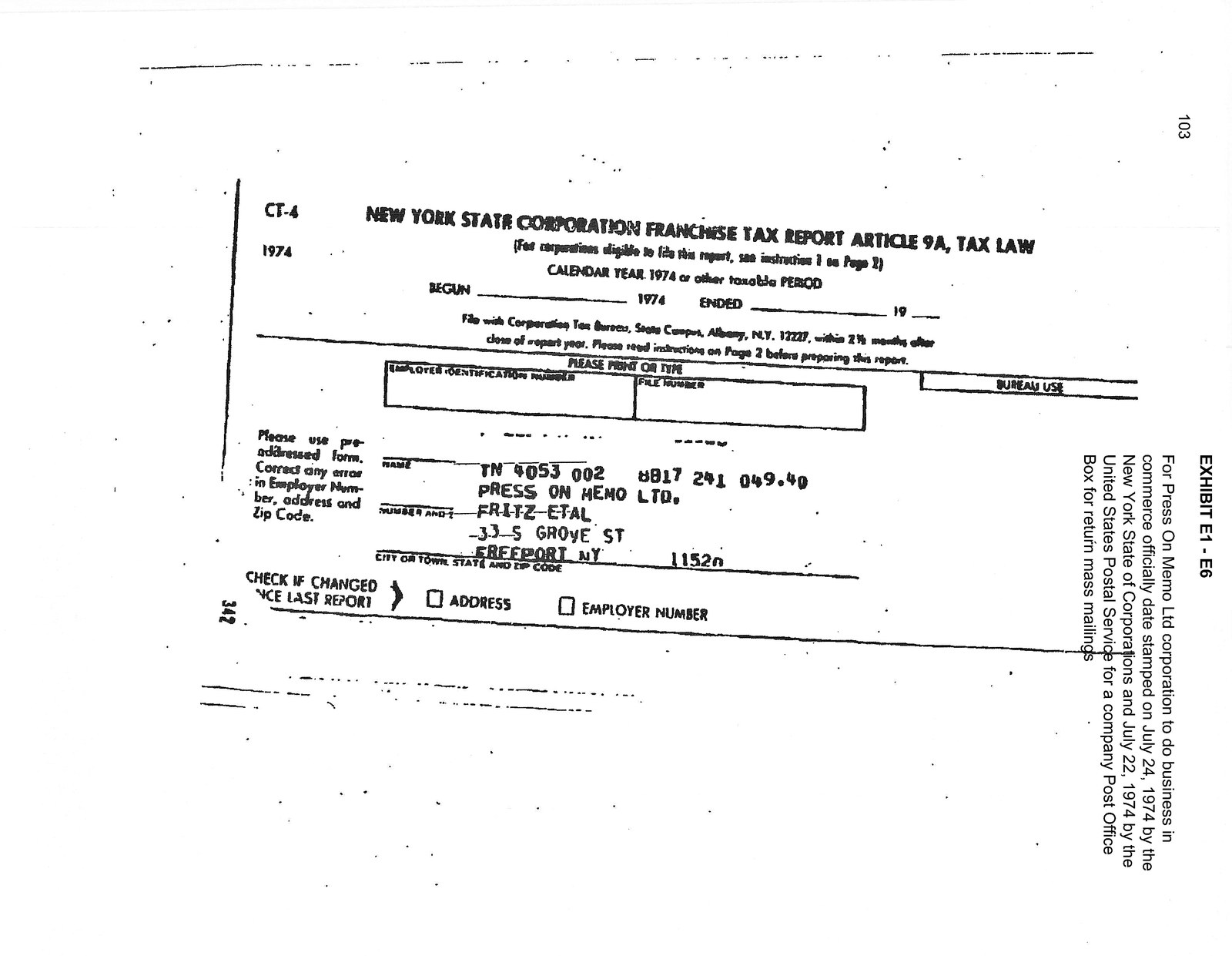 New York State Corporation Franchise Tax Report, Form CT-4, 1974