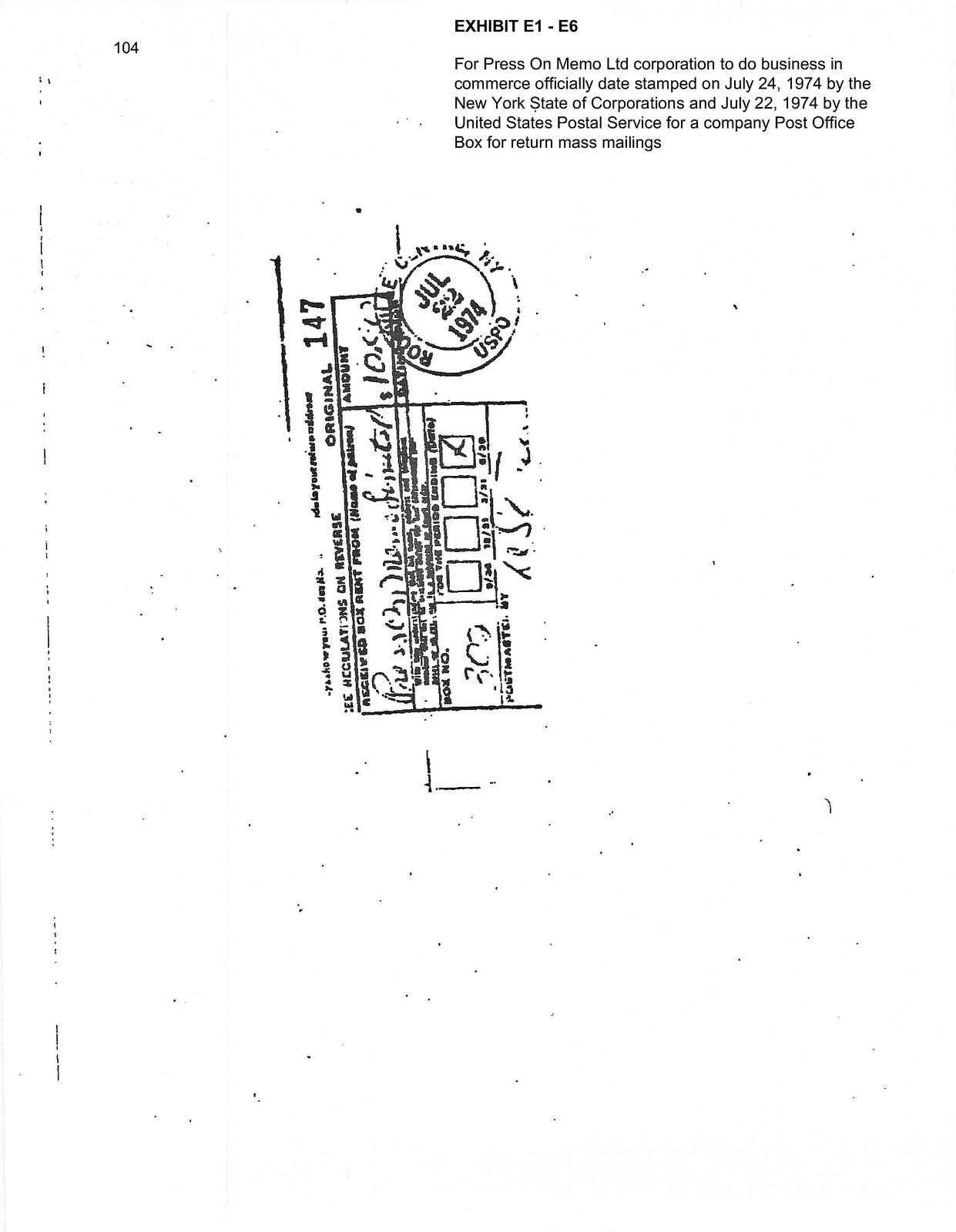 U.S. Post Office receipt for Box 302, July 22, 1974
