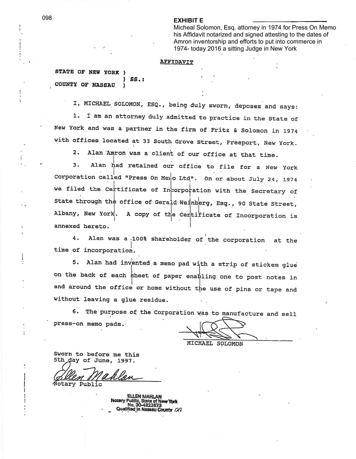 Affidavit of Michael Solomon, sworn June 5, 1997