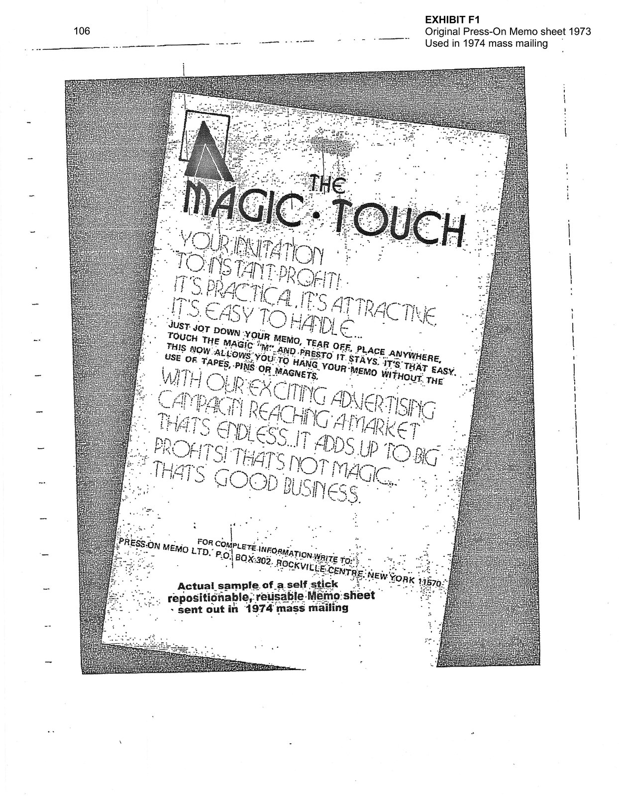 Press-On Memo sheet used in the 1974 mailing