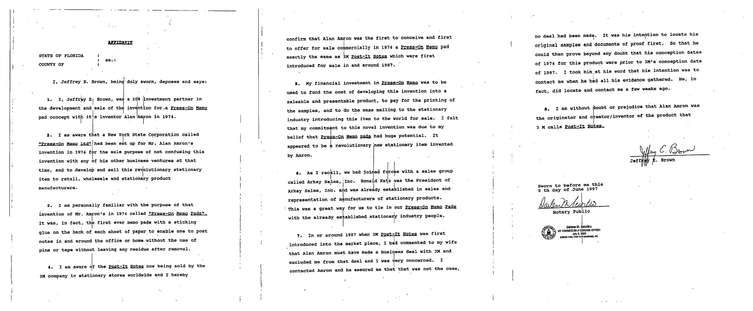 Affidavit of Jeffrey E. Brown, investment partner in Press-On Memo, sworn June 6, 1997