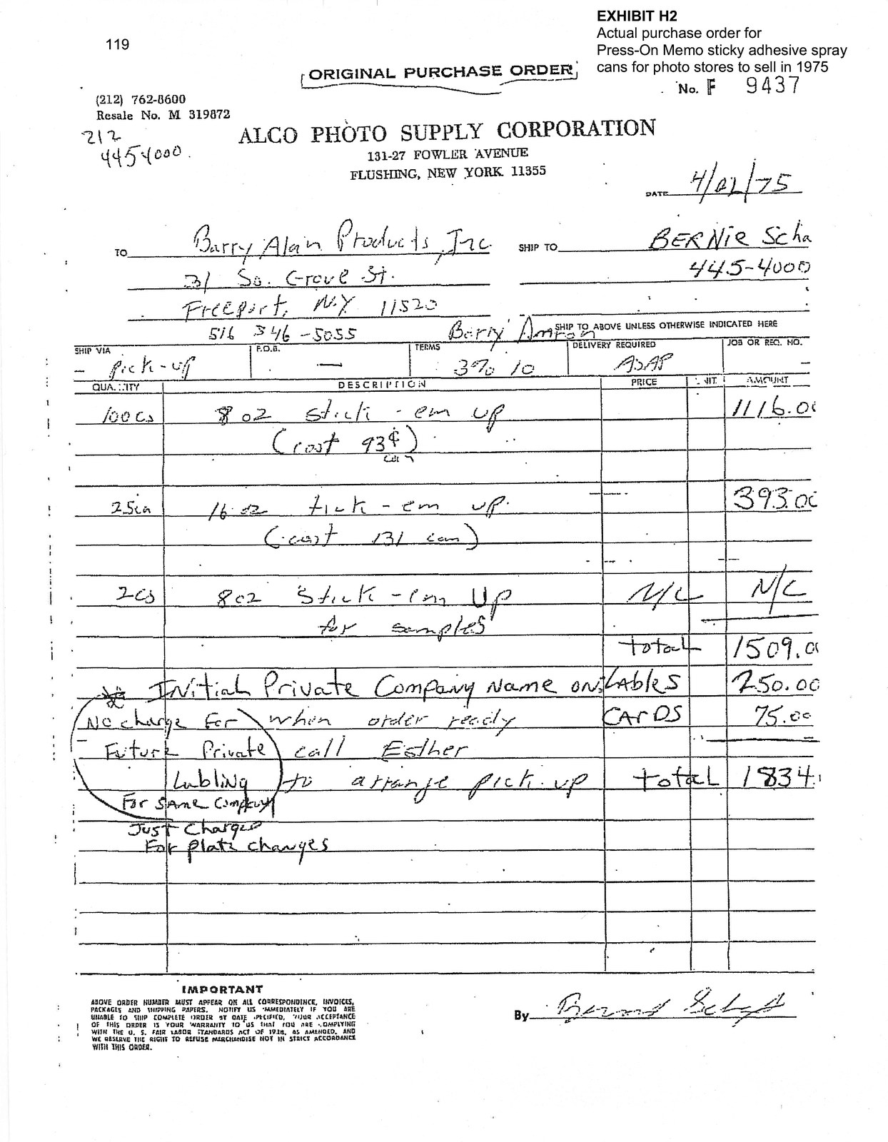 Alco Photo Supply purchase order, April 2, 1975