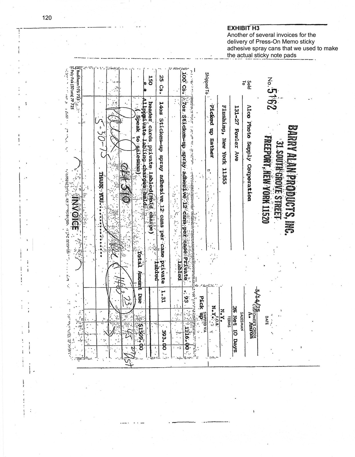 Barry Alan Products invoice 5162, May 14, 1975, marked paid
