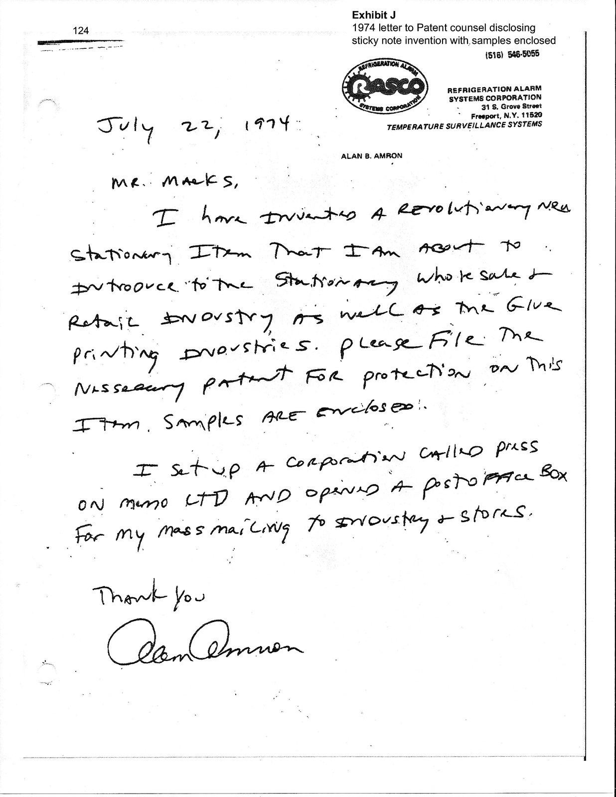 Handwritten letter to patent counsel, July 22, 1974
