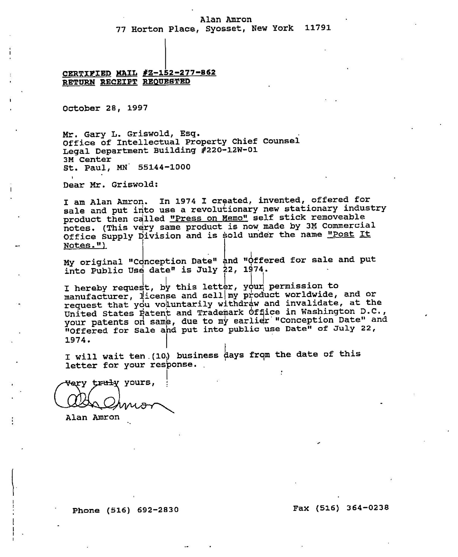 Certified letter to Gary L. Griswold, 3M Chief Intellectual Property Counsel, October 28, 1997