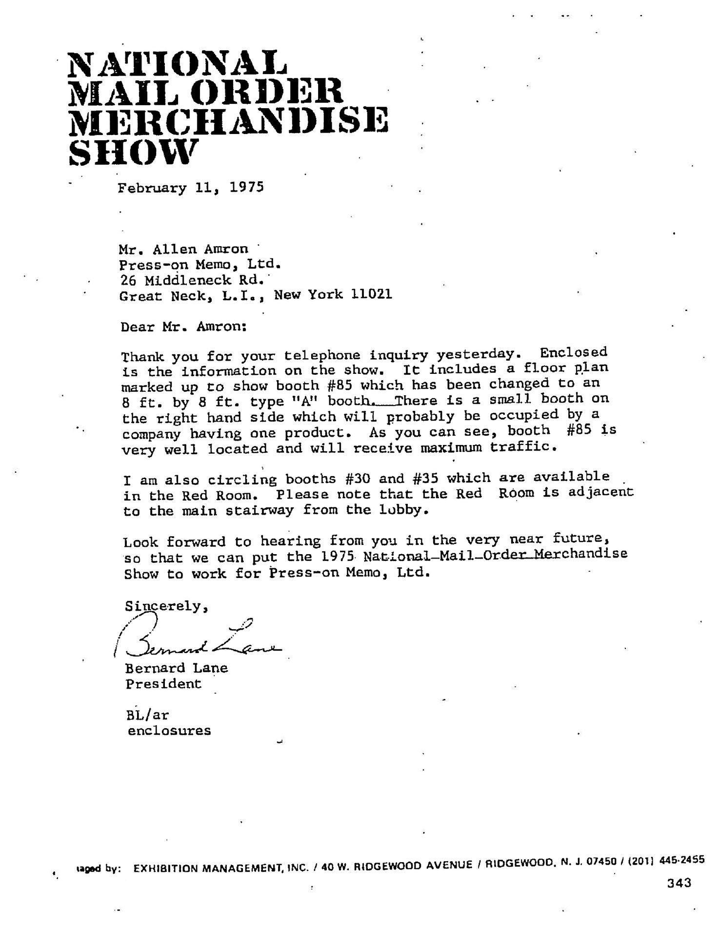 Letter from the National Mail Order Merchandise Show to Press-on Memo Ltd., February 11, 1975