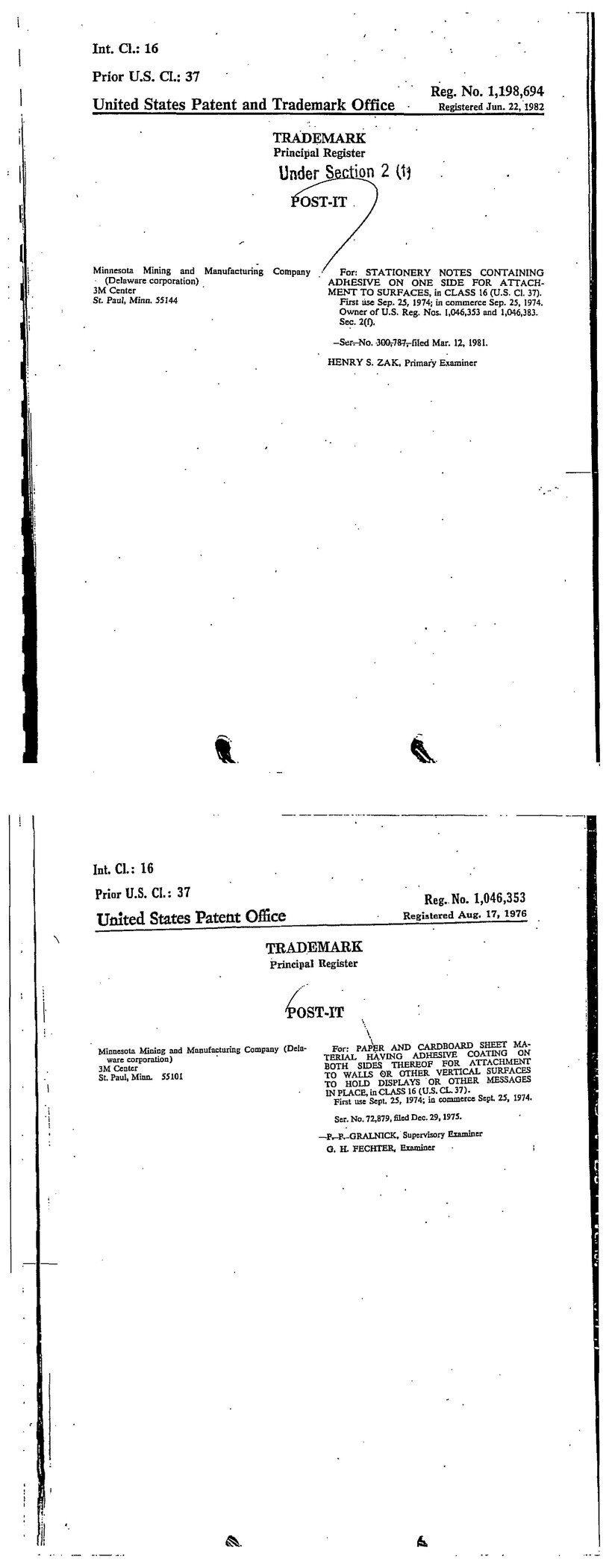 U.S. trademark registrations 1,198,694 and 1,046,353 for the Post-it mark