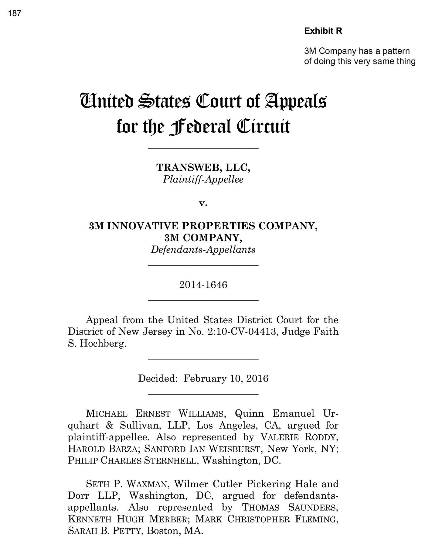 Federal Circuit decision in TransWeb LLC v. 3M Innovative Properties Company, February 10, 2016