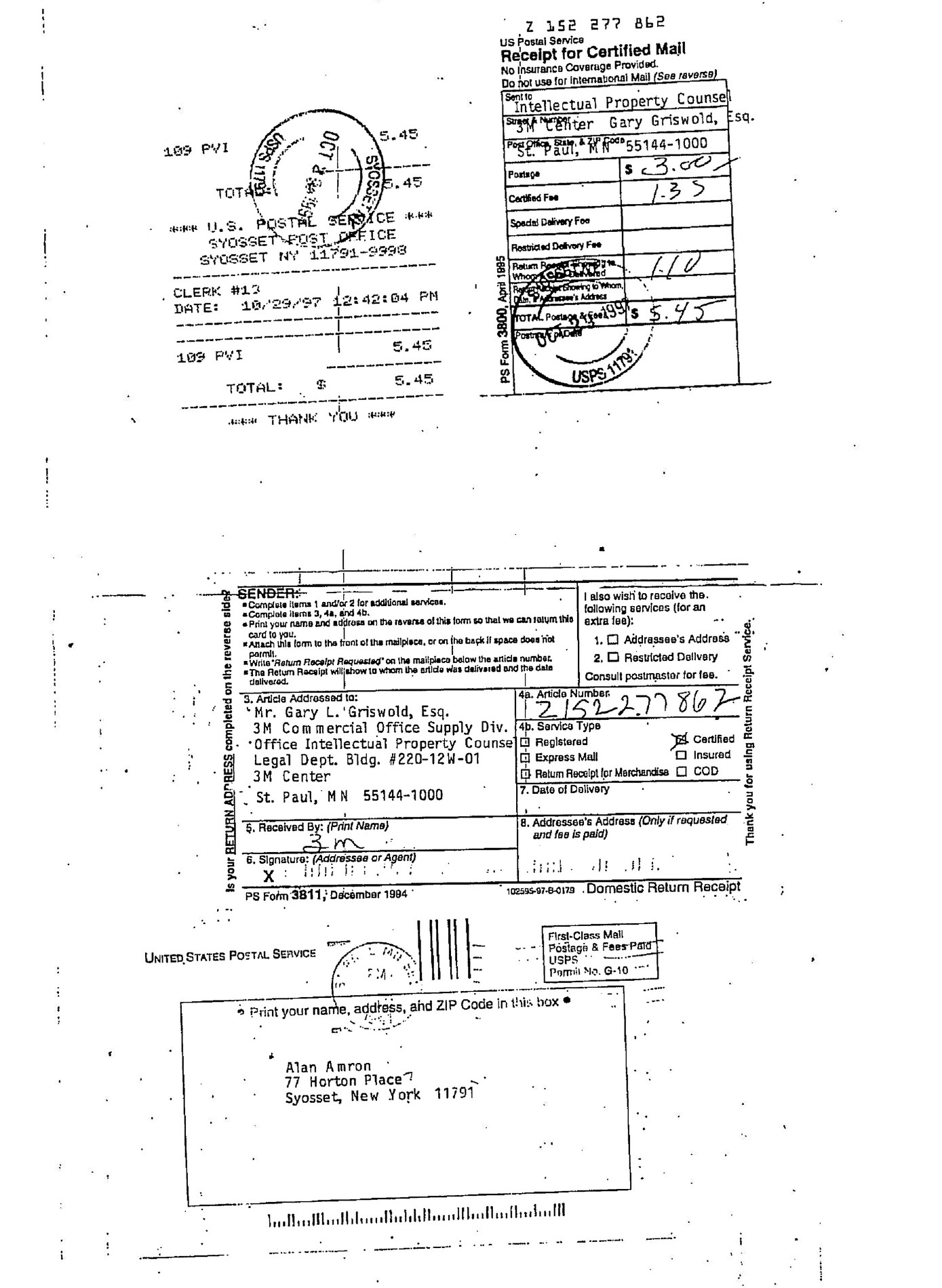 Certified mail receipt and signed return receipt for the October 1997 letter to 3M