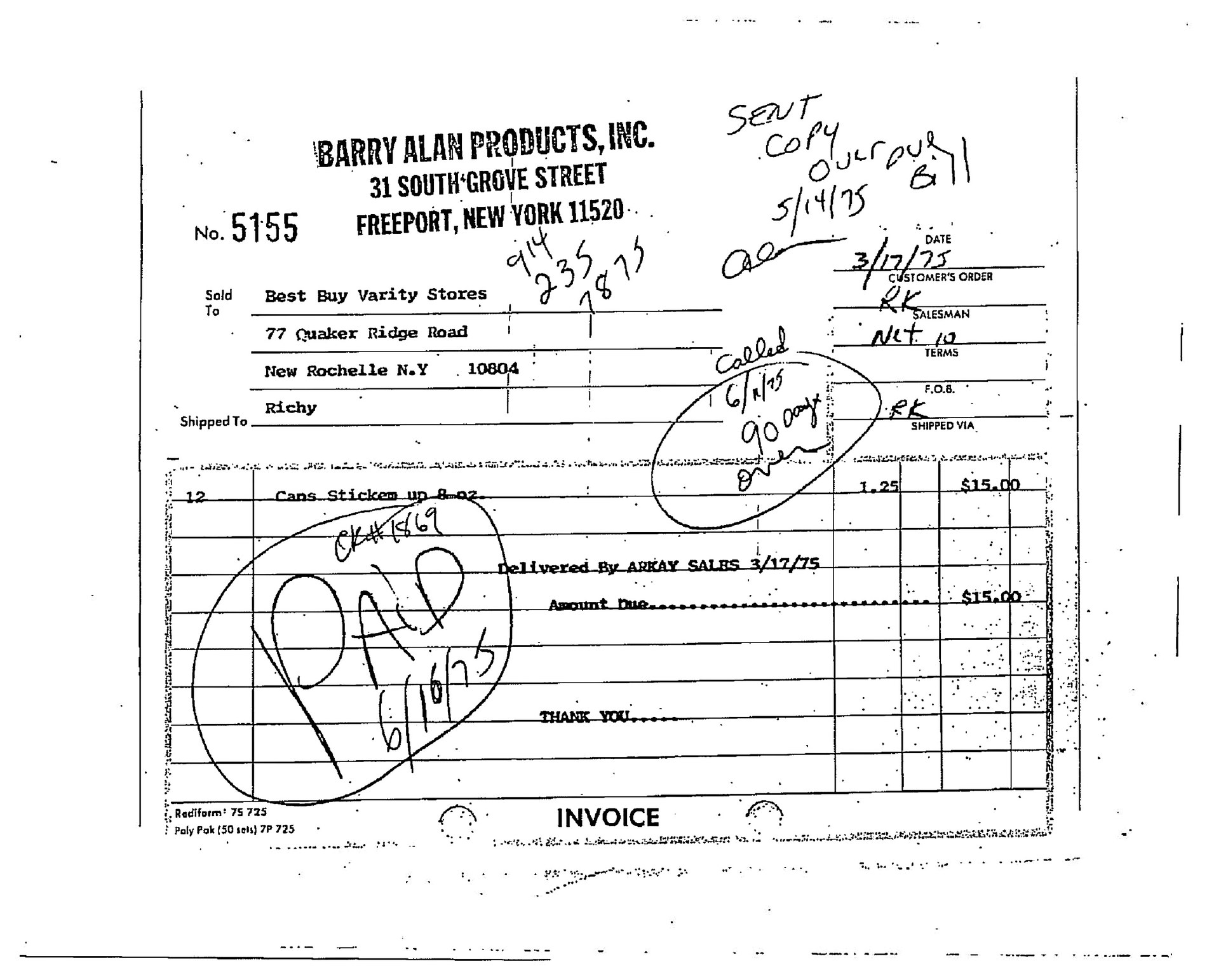 Barry Alan Products invoice 5155, delivered by Arkay Sales, March 17, 1975
