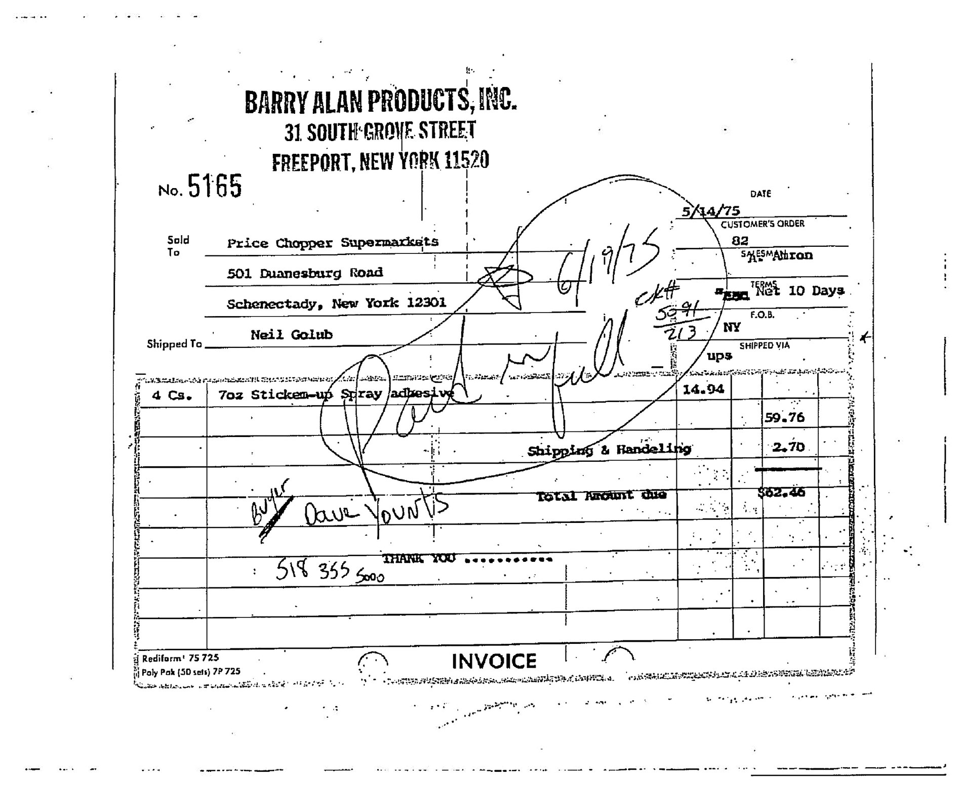 Barry Alan Products invoice 5165 to Price Chopper Supermarkets, May 14, 1975