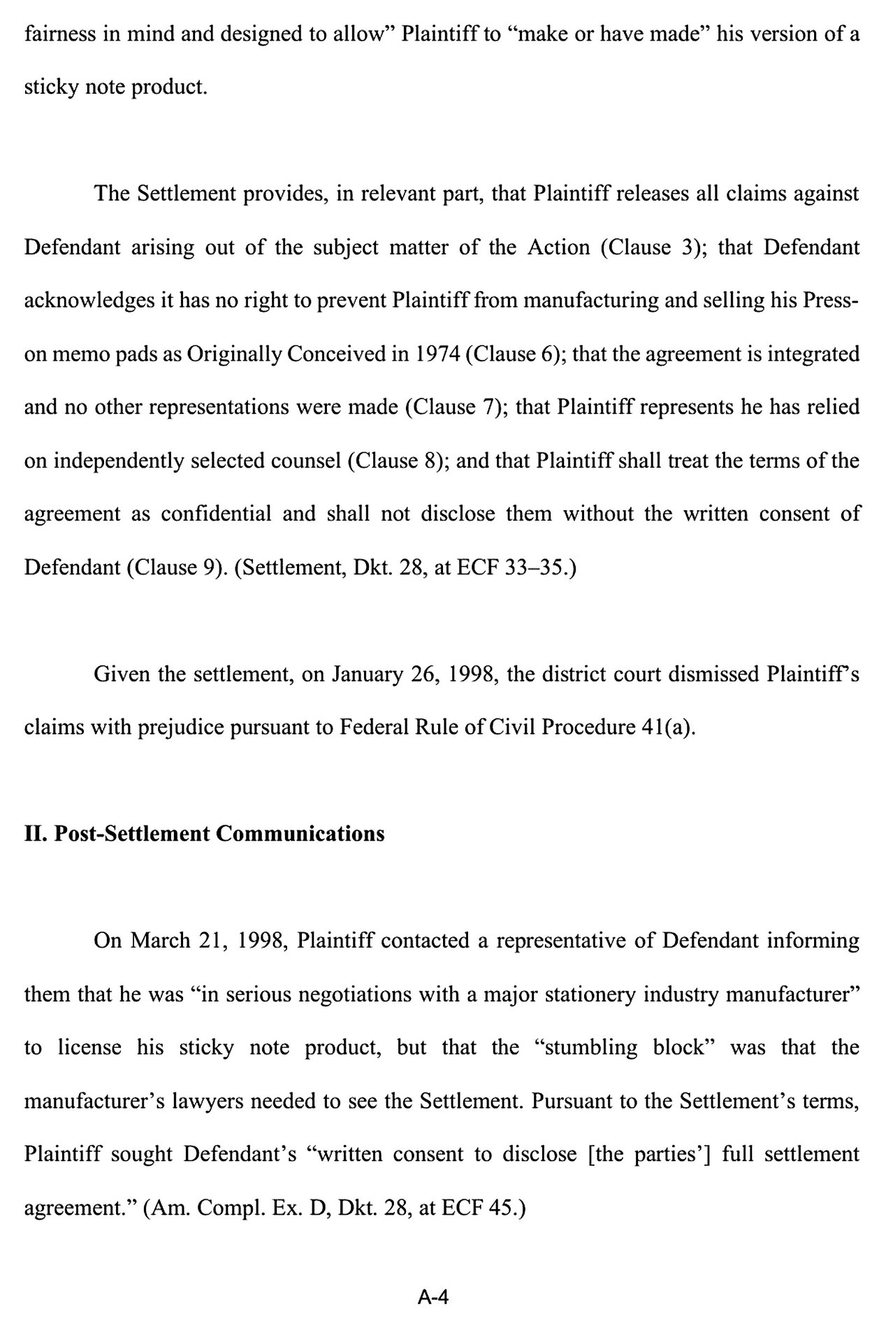 Court appendix page reciting Clause 6 of the 1998 settlement agreement