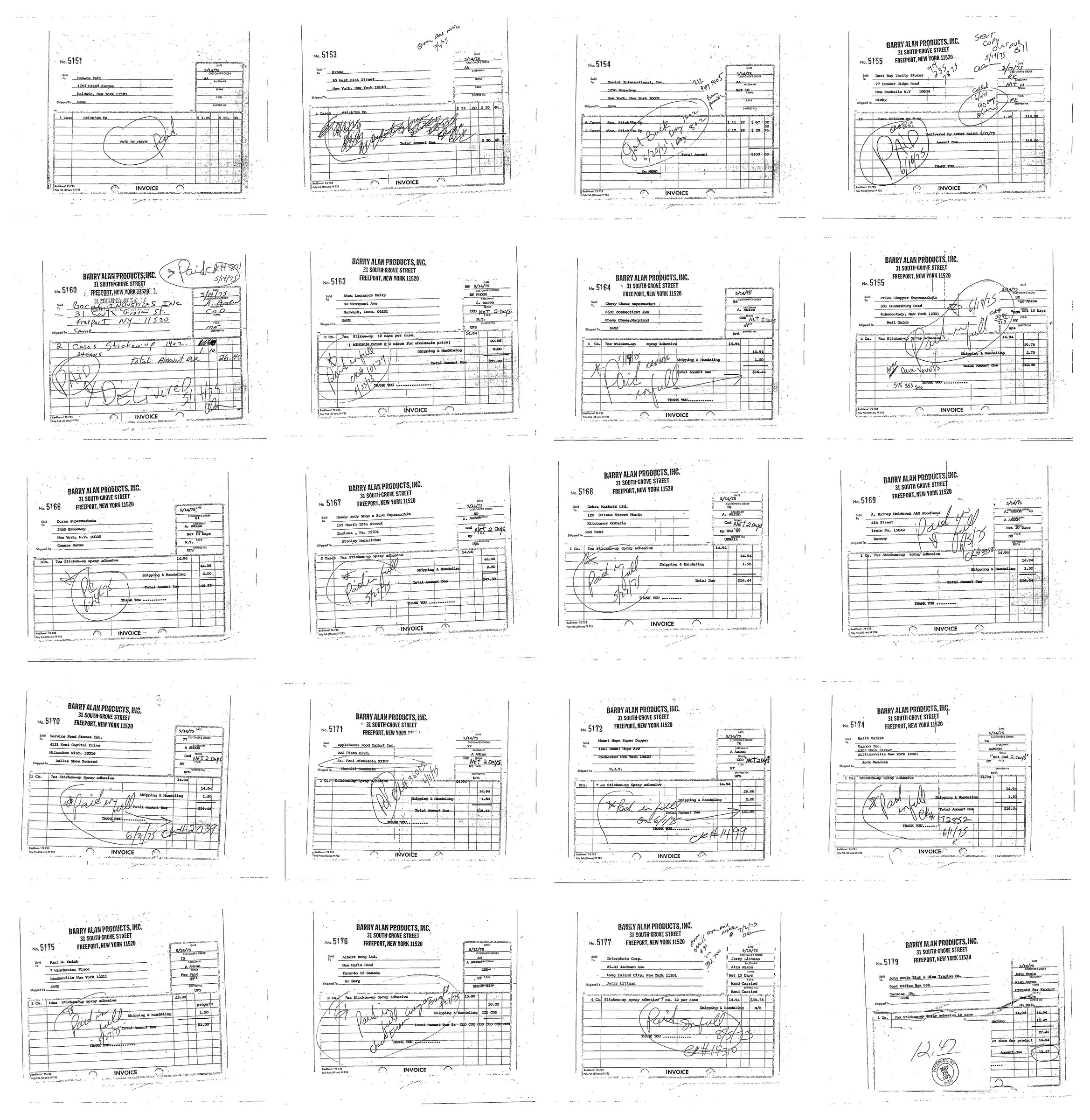 Twenty Barry Alan Products invoices, March to May 1975