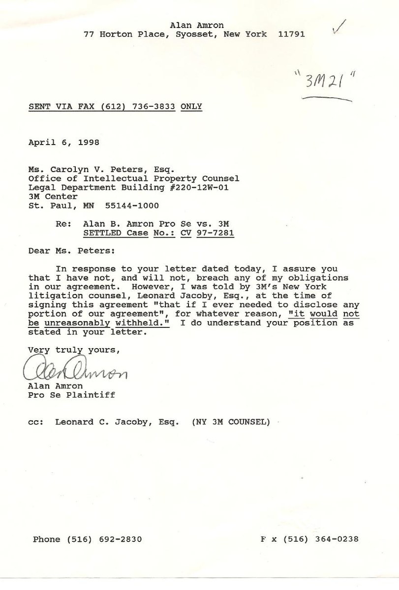 Alan Amron letter to Carolyn V. Peters of 3M, April 6, 1998, replying the same day and citing Leonard Jacoby's statement that consent would not be unreasonably withheld