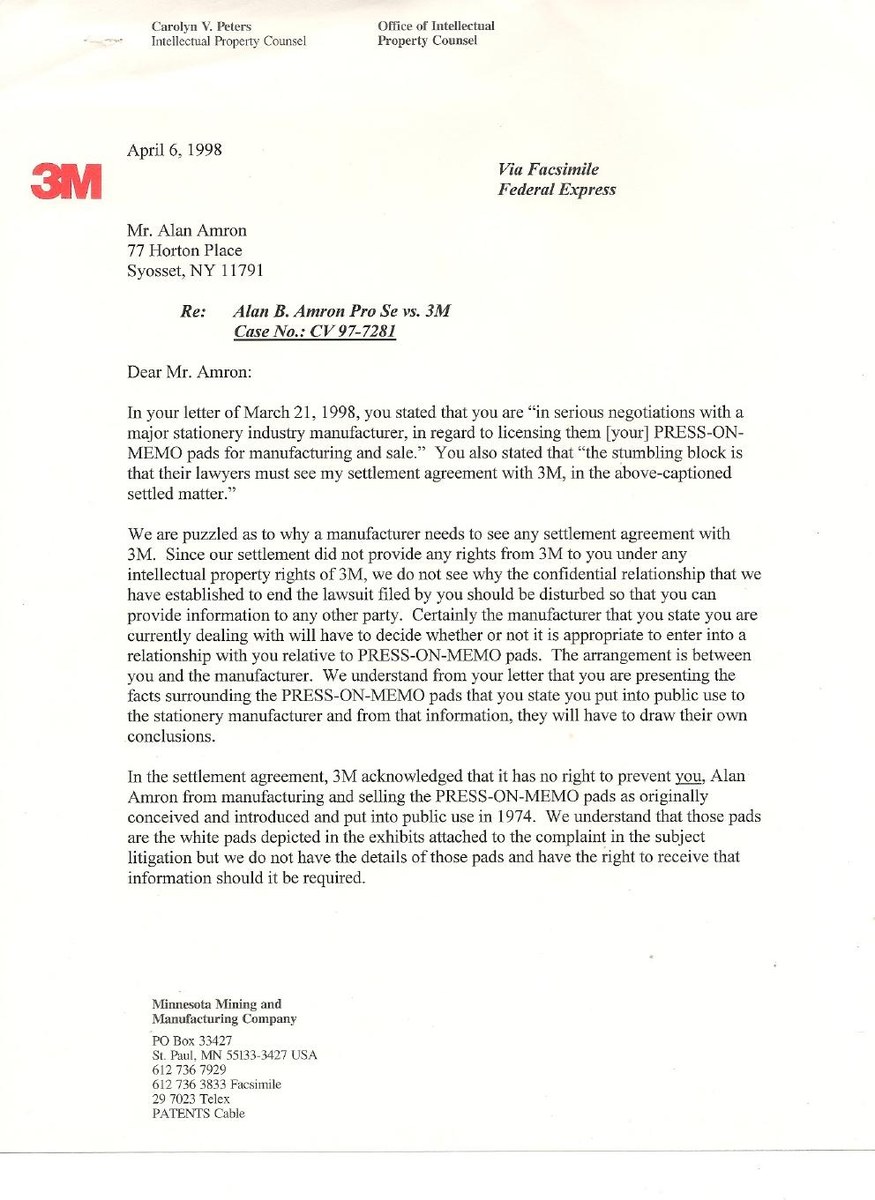 Letter from Carolyn V. Peters, 3M Office of Intellectual Property Counsel, to Alan Amron, April 6, 1998, page one