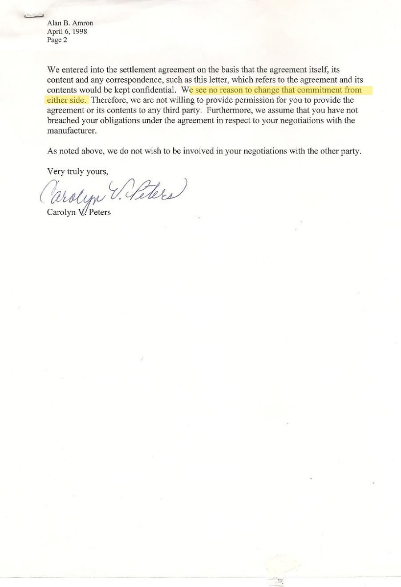 Letter from Carolyn V. Peters of 3M to Alan Amron, April 6, 1998, page two, refusing permission to disclose the settlement agreement