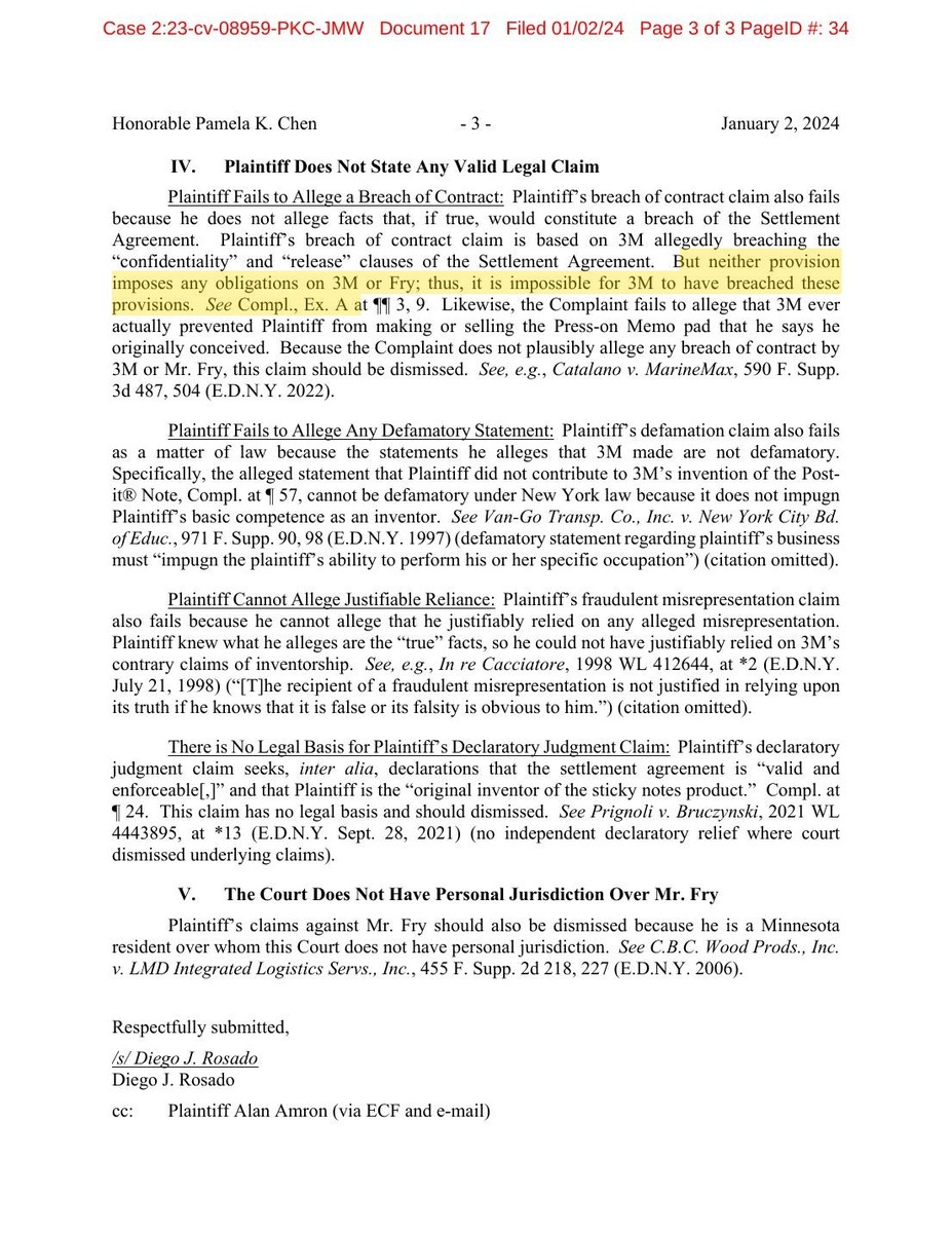Page three of 3M's January 2, 2024 pre-motion letter to Judge Pamela K. Chen, stating that the confidentiality and release provisions impose no obligations on 3M or Fry