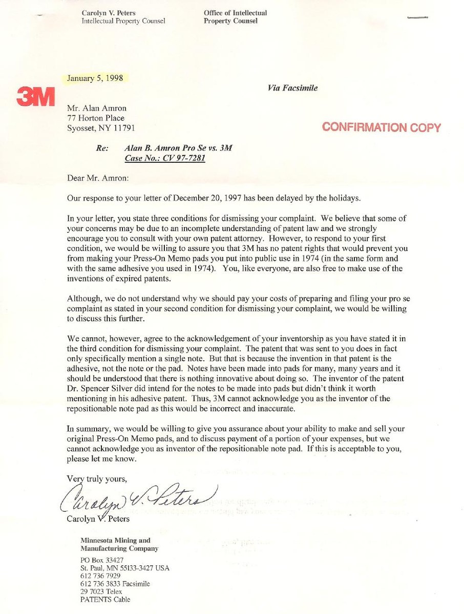 Letter from Carolyn V. Peters, 3M Office of Intellectual Property Counsel, to Alan Amron, January 5, 1998