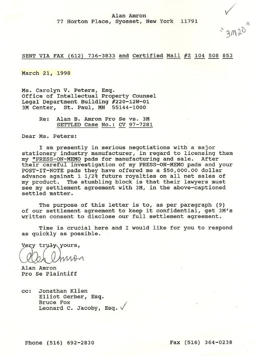 Alan Amron letter to Carolyn V. Peters of 3M, March 21, 1998, requesting written consent to disclose the settlement agreement to a stationery manufacturer offering a $50,000 advance